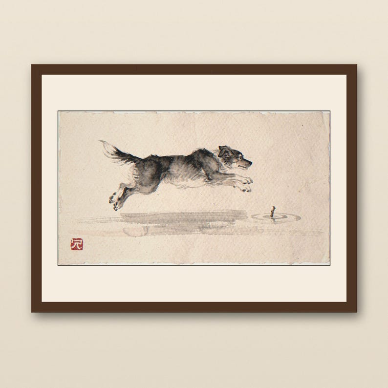 Xieyi Ink Dog Chasing Stick Into Surf Print - walnut framed art print with cream mat on plaster wall