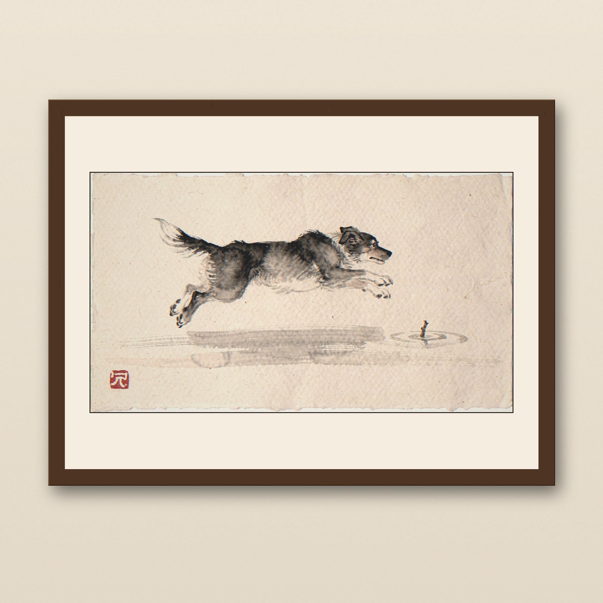 Xieyi Ink Dog Chasing Stick Into Surf Print - walnut framed art print with cream mat on plaster wall