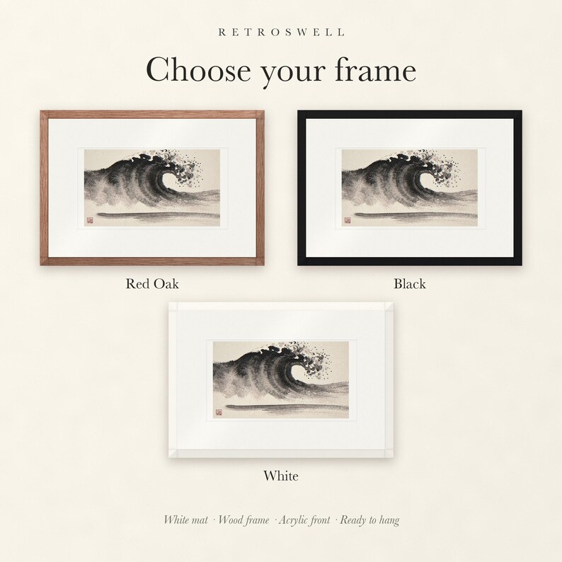 Frame options for Crashing Wave Xieyi Ink: Red Oak, black and white wood frames, each with a white mat.