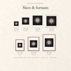 Sizes and formats for Sun Patch, shown to scale: unframed prints, oak hanger and framed prints.