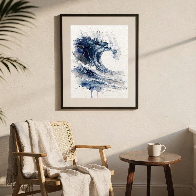 Stampa artistica ad acquerello con onde, La Cresta, Dipinto dell'Oceano Blu di Prussia, Decorazione murale costiera, Arte del surf, Stampa artistica digitale da parete immagine 8