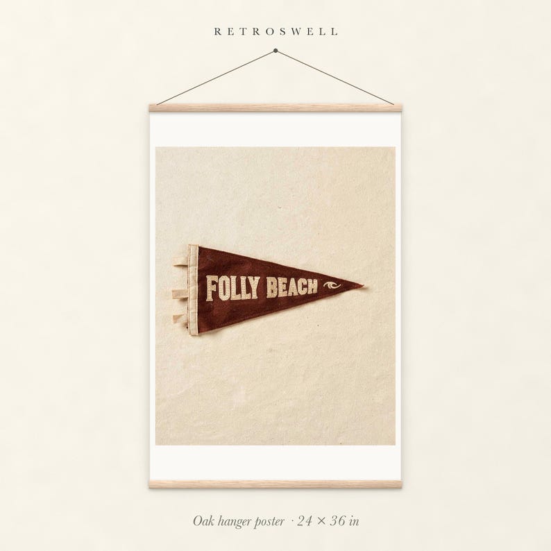 Folly Beach Surf Pennant oak hanger poster, 24 by 36 inches, with natural wood rails and a hanging cord.