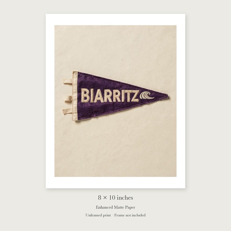 Biarritz, France Surf Pennant unframed 8 by 10 inch print on enhanced matte paper, shown with its white paper border.