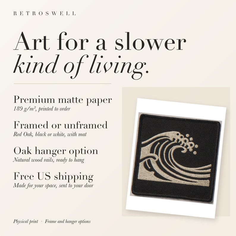 RetroSwell print details for Wave Patch: premium 189 g/m² matte paper, framed or unframed, oak hanger option, free US shipping.