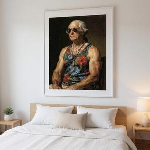 George Washington Surfer Print framed in a modern bedroom setting