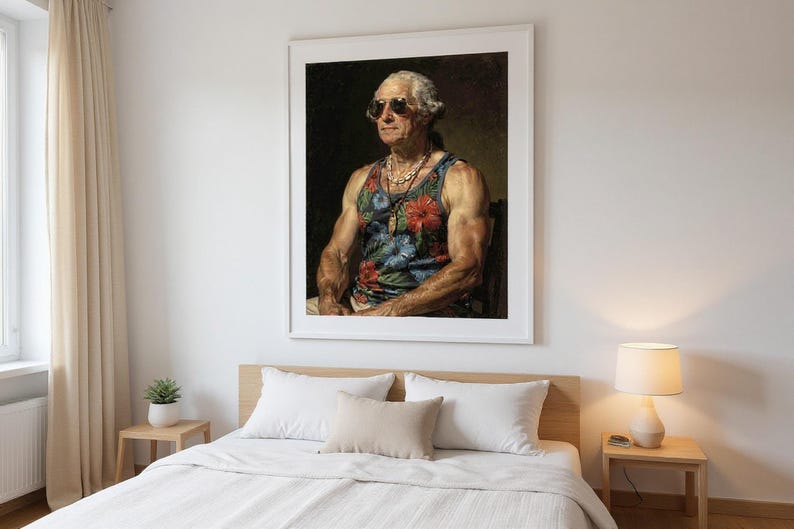 George Washington Surfer Print framed in a modern bedroom setting