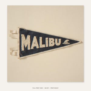 Malibu Vintage Surf Pennant Print - full unframed print view, 300 DPI print-ready quality