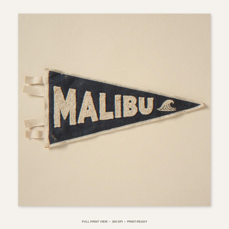 Malibu Vintage Surf Pennant Print - full unframed print view, 300 DPI print-ready quality