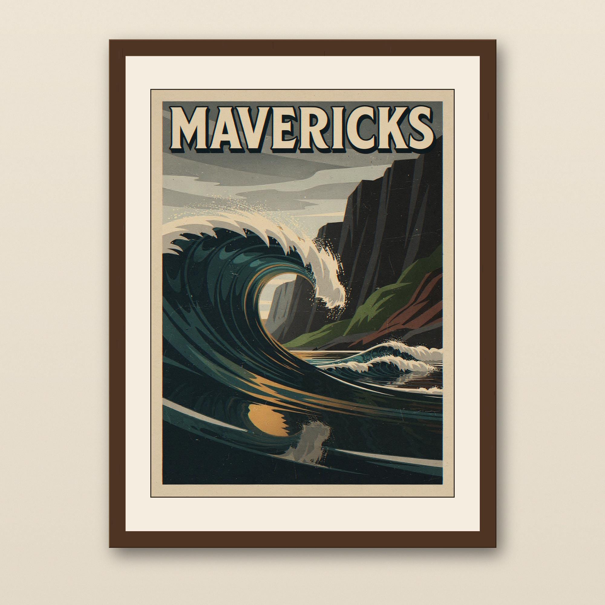 Mavericks California Surf Poster - walnut framed art print with cream mat on plaster wall