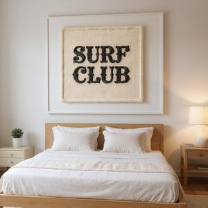 Surf Club Embroidered Patch Print framed in a modern bedroom setting