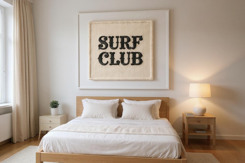 Surf Club Embroidered Patch Print framed in a modern bedroom setting