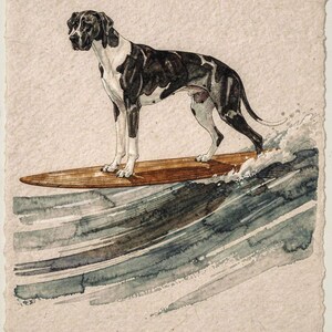 Great Dane surfing art, full artwork: watercolor and ink harlequin Great Dane on a wooden longboard riding a long wave.