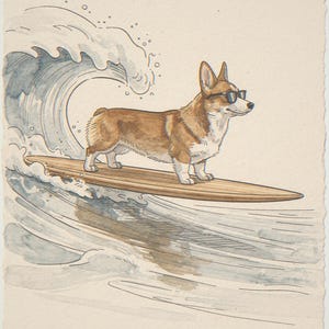 Corgi surfing unframed printed artwork and full composition with its paper border.