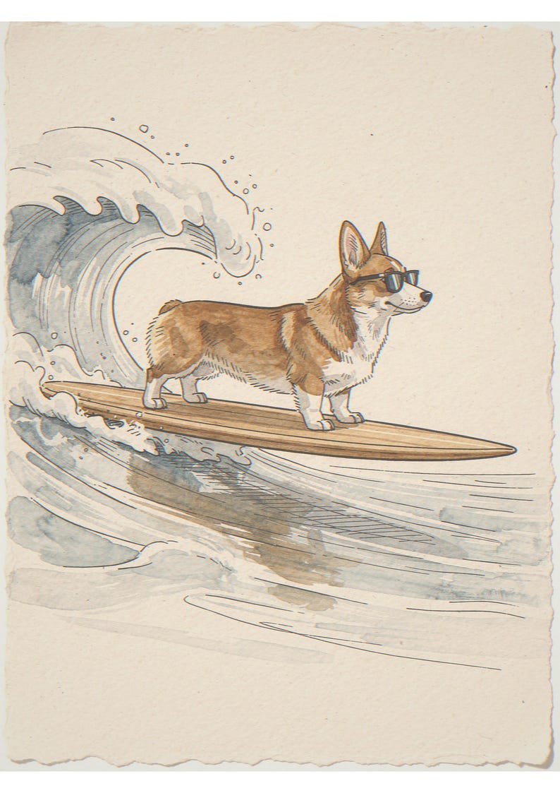 Corgi surfing unframed printed artwork and full composition with its paper border.