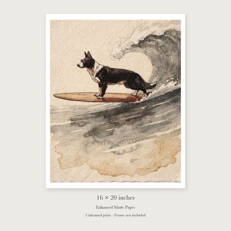 Black and White Surfing Dog Art Print, Framed or Unframed Coastal Poster image 9