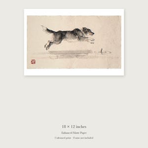 Dog Chasing a Stick Xieyi Ink unframed 18 by 12 inch print on enhanced matte paper, shown with its white paper border.