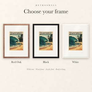 Frame options for Hossegor Surf: Red Oak, black and white wood frames, each with a white mat.