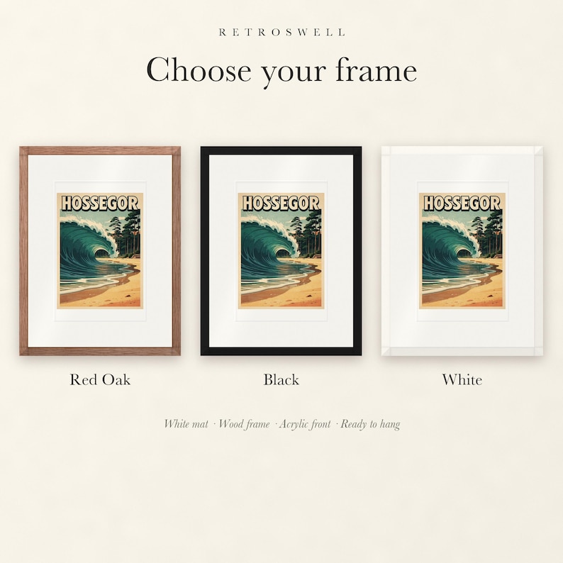 Frame options for Hossegor Surf: Red Oak, black and white wood frames, each with a white mat.