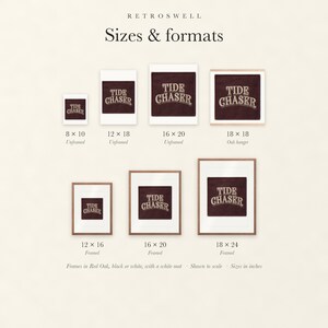 Sizes and formats for Tide Chaser Patch, shown to scale: unframed prints, oak hanger and framed prints.