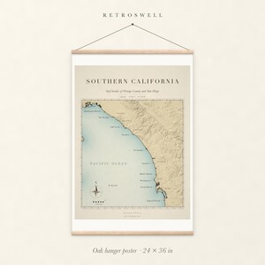 Southern California Surf Map oak hanger poster, 24 by 36 inches, with natural wood rails and a hanging cord.