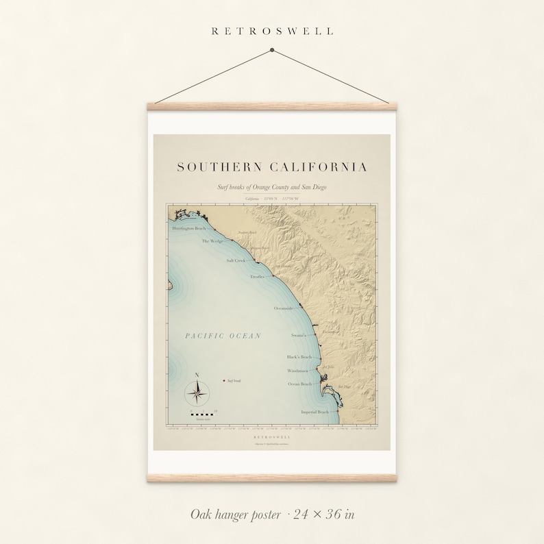 Southern California Surf Map oak hanger poster, 24 by 36 inches, with natural wood rails and a hanging cord.