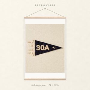 30A, Florida Surf Pennant oak hanger poster, 24 by 36 inches, with natural wood rails and a hanging cord.
