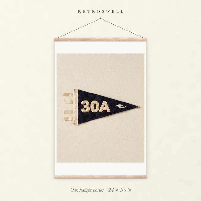 30A, Florida Surf Pennant oak hanger poster, 24 by 36 inches, with natural wood rails and a hanging cord.