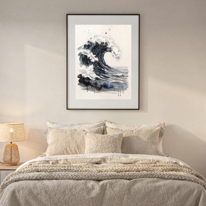 Storm Wave Watercolor Print, Dark Indigo Ocean Art, Moody Coastal Wall Decor, Large Seascape Painting, Printable Wall Art Digital Download image 7