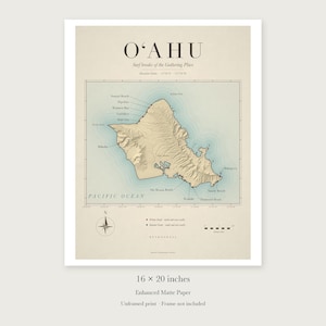 Oʻahu Surf Map unframed 16 by 20 inch print on enhanced matte paper, shown with its white paper border.