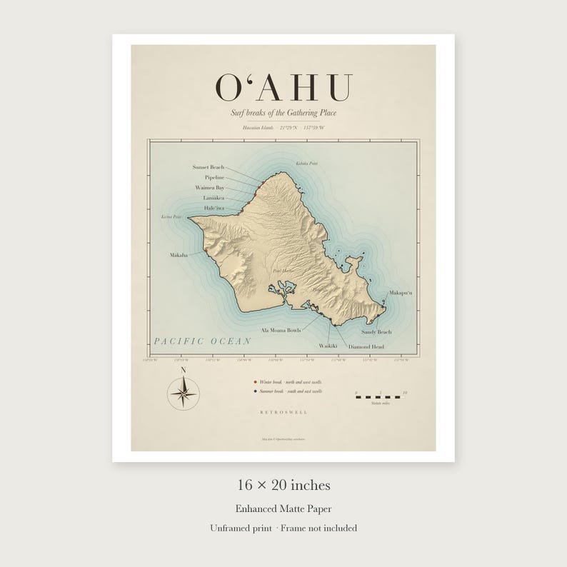 Oʻahu Surf Map unframed 16 by 20 inch print on enhanced matte paper, shown with its white paper border.