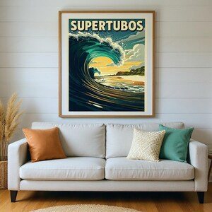Supertubos Portugal Surf Poster framed in a beach-style living room setting