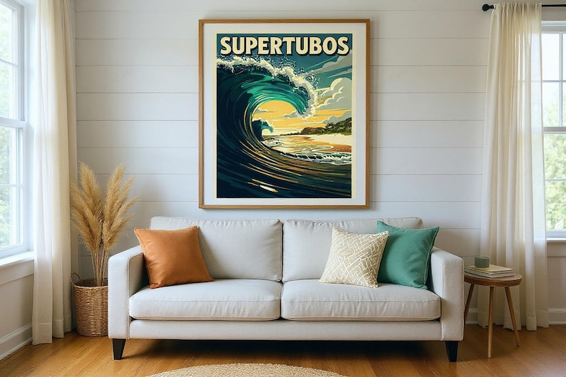 Supertubos Portugal Surf Poster framed in a beach-style living room setting