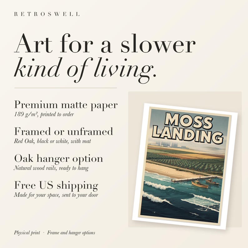 RetroSwell print details for Moss Landing Surf: premium 189 g/m² matte paper, framed or unframed, oak hanger option, free US shipping.