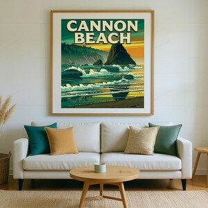 Cannon Beach Oregon Poster framed in a beach-style living room setting