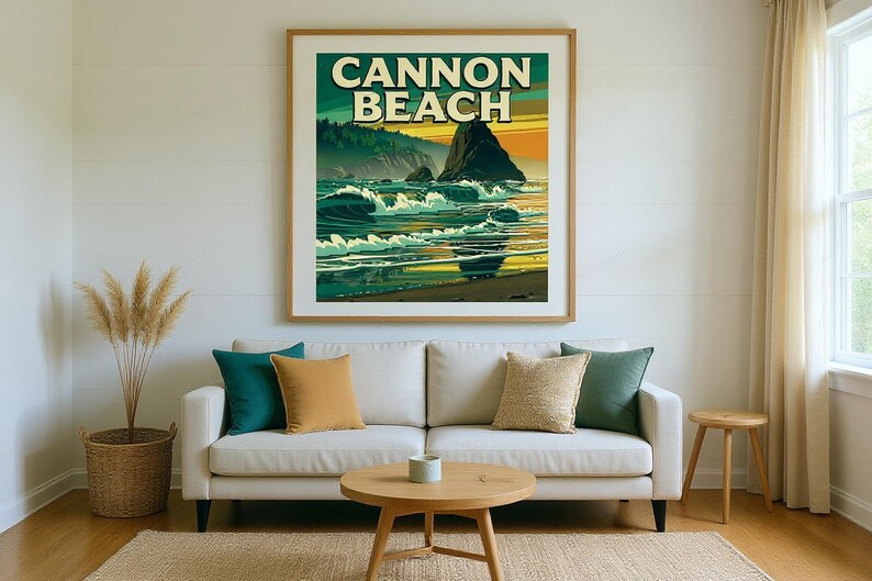 Cannon Beach Oregon Poster framed in a beach-style living room setting