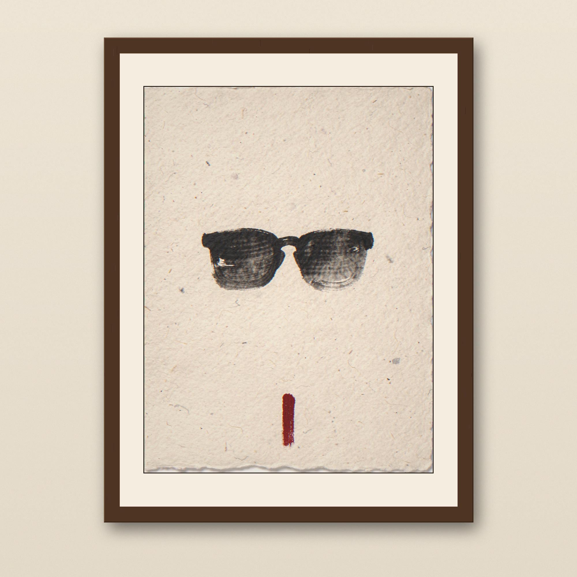 Sumi-e Wayfarer Sunglasses with Red Accent Print - walnut framed art print with cream mat on plaster wall