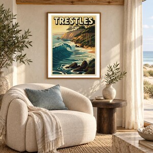 Trestles California Surf Poster art print shown framed in a light-filled coastal living room (frame not included). RetroSwell digital download.