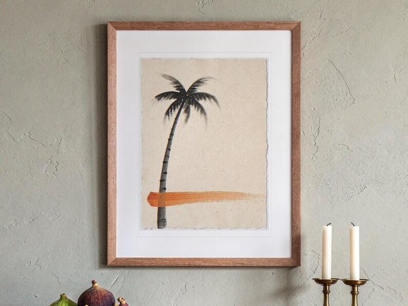 Palm Tree Ink Style print in a Red Oak frame with a white mat, hanging above the sideboard in a dining room.