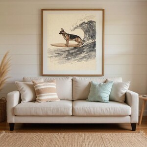 German Shepherd Surfing Print framed in a beach-style living room setting