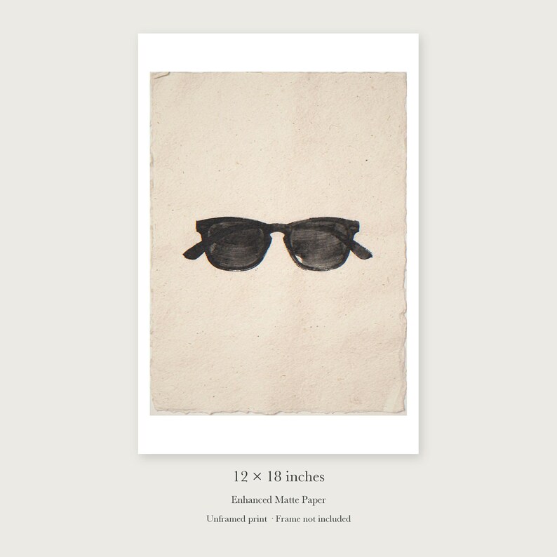 Wayfarer Sunglasses Sumi-e Ink unframed 12 by 18 inch print on enhanced matte paper, shown with its white paper border.