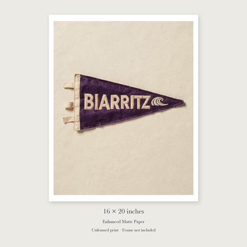 Biarritz, France Surf Pennant unframed 16 by 20 inch print on enhanced matte paper, shown with its white paper border.