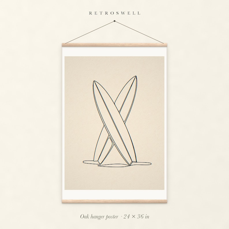 Crossed Surfboards Line oak hanger poster, 24 by 36 inches, with natural wood rails and a hanging cord.