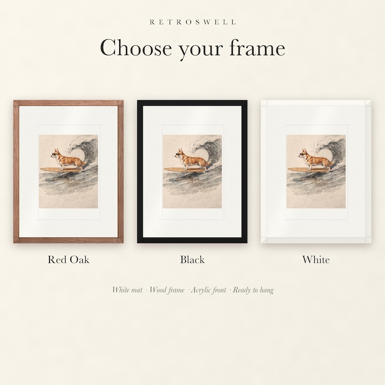 Frame options for Corgi Surfing: Red Oak, black and white wood frames, each with a white mat.