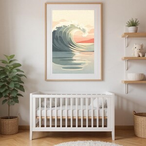 Ocean Wave Art Print framed in a beach-style living room setting