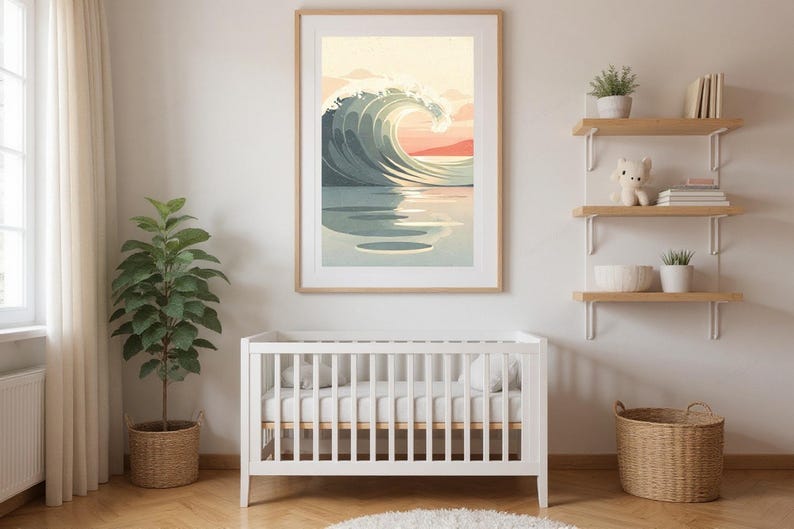 Ocean Wave Art Print framed in a beach-style living room setting