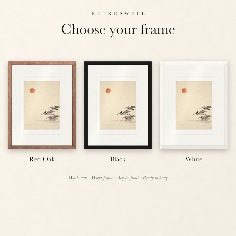 Frame options for Pelicans Ink Style: Red Oak, black and white wood frames, each with a white mat.