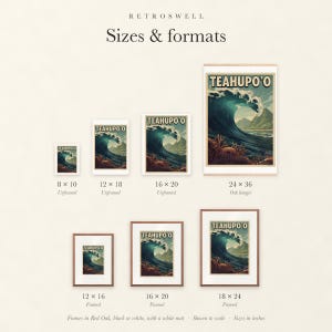 Sizes and formats for Teahupo'o Surf, shown to scale: unframed prints, oak hanger and framed prints.