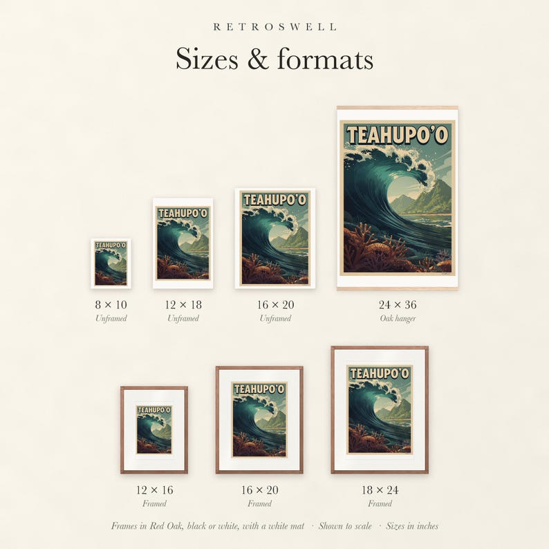Sizes and formats for Teahupo'o Surf, shown to scale: unframed prints, oak hanger and framed prints.