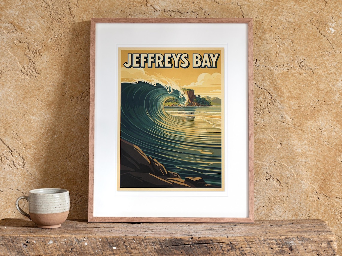 Jeffreys Bay Surf Travel Poster print in a Red Oak frame with a white mat, leaning on the bench against the wall in a boho living room.