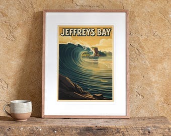 May include: A framed art print featuring a stylized illustration of a large ocean wave breaking near a coastline, with the text JEFFREYS BAY printed in bold black letters at the top. The artwork uses a palette of deep blues, soft yellows, and earthy browns.